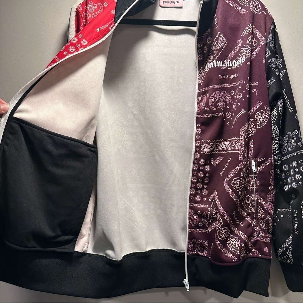 Palm Angels Bandana Track Jacket Zip Up Maroon & Red, Striped Sleeves XL Unisex - Picture 8 of 16